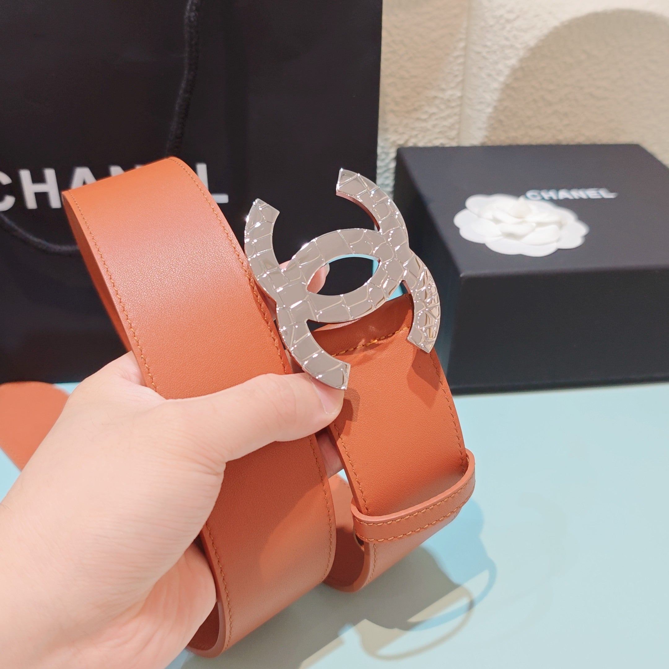 CC Belt 5.0 Brass Hardware Buckle Orange Leather 200101