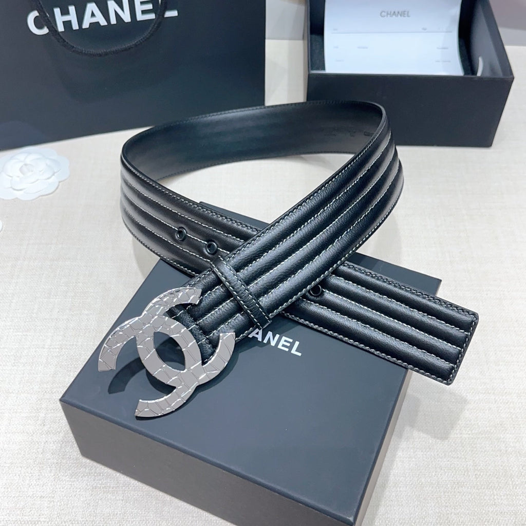 CC Belt 5.0 Wide Silver-Tone CC Buckle Black Cowhide 200099