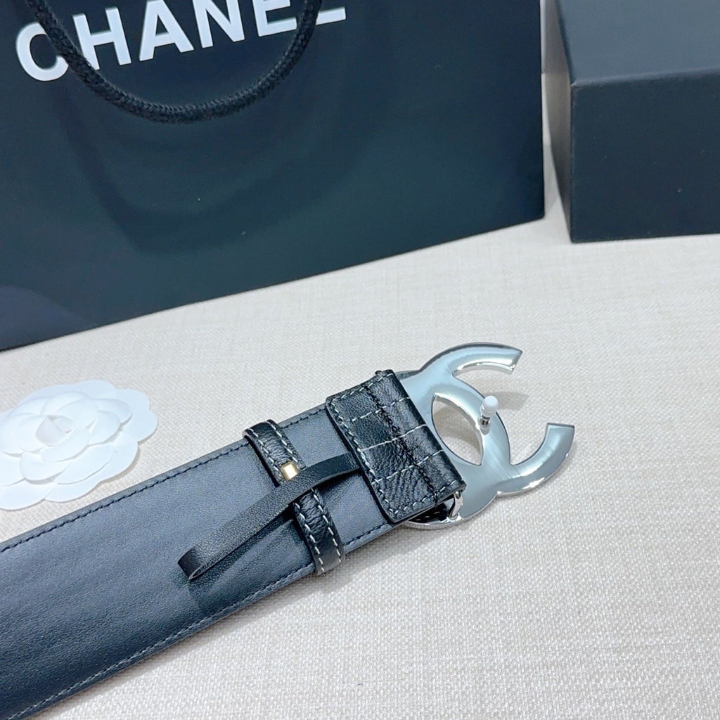 CC Belt 5.0 Wide Silver-Tone CC Buckle Black Cowhide 200099