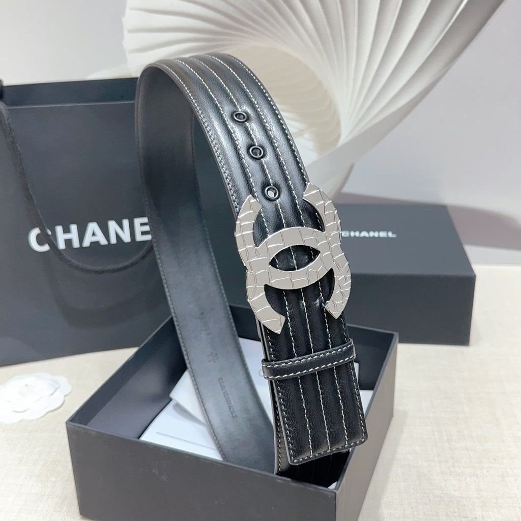 CC Belt 5.0 Wide Silver-Tone CC Buckle Black Cowhide 200099