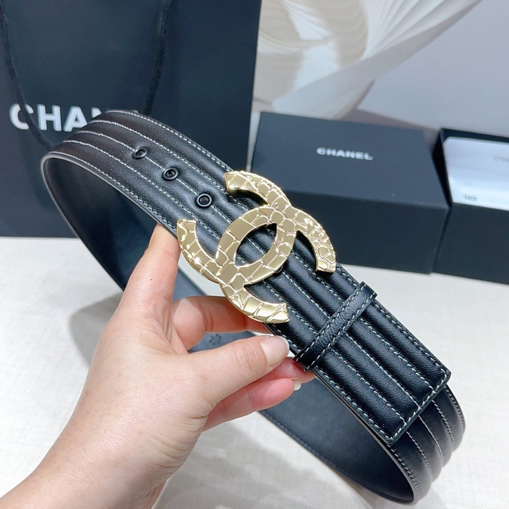 CC Belt 5.0 Wide Gold-Tone CC Buckle Black Cowhide 200098
