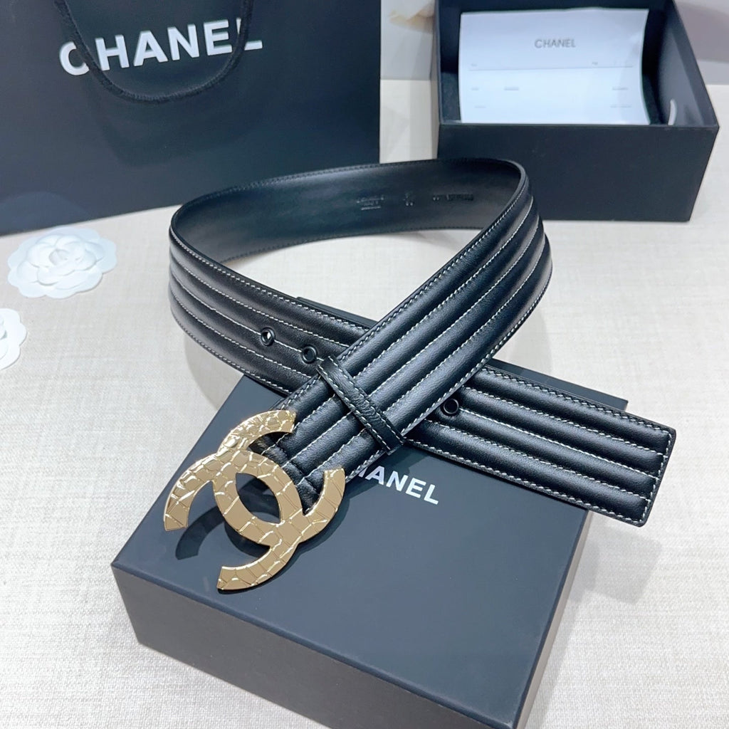 CC Belt 5.0 Wide Gold-Tone CC Buckle Black Cowhide 200098