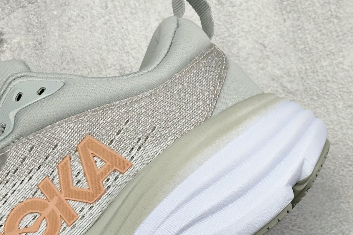 HOKA Bondi 8 Light Gray Rose Gold Logo Running Sneaker