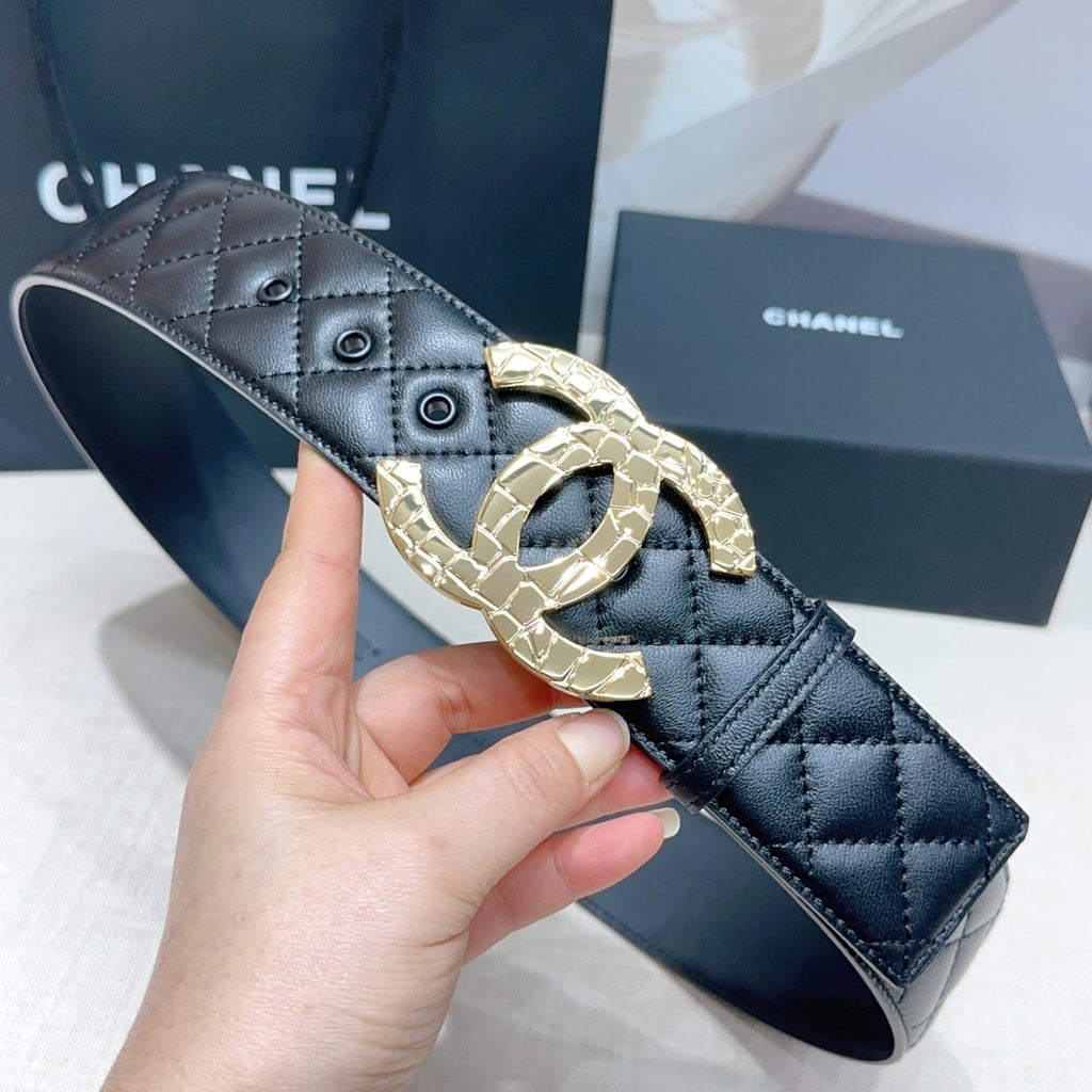 CC Belt 5.0 Gold-Tone Buckle Black Quited Cowhide 200097
