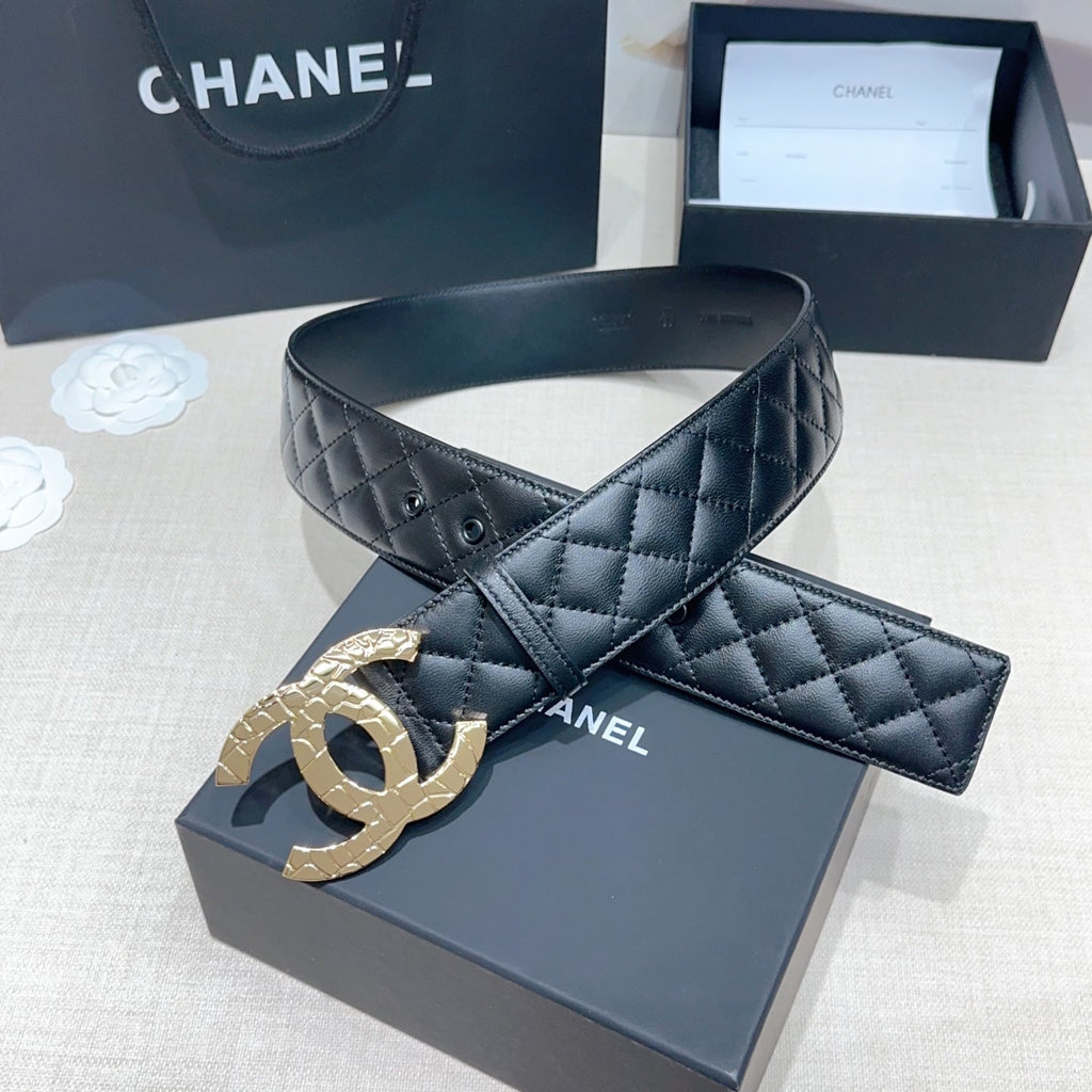 CC Belt 5.0 Gold-Tone Buckle Black Quited Cowhide 200097
