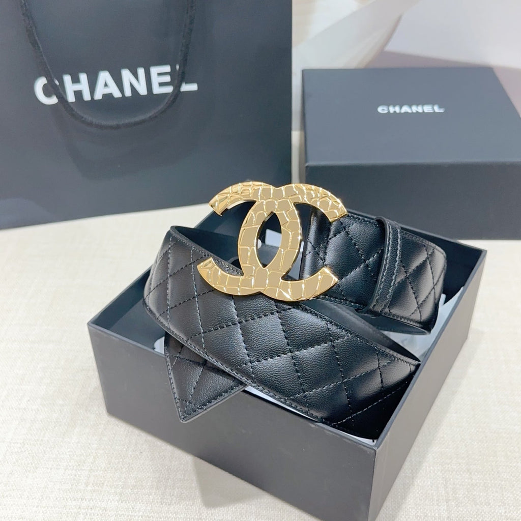 CC Belt 5.0 Gold-Tone Buckle Black Quited Cowhide 200097