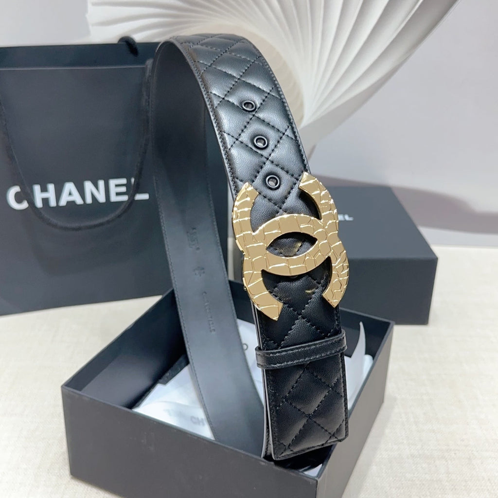 CC Belt 5.0 Gold-Tone Buckle Black Quited Cowhide 200097