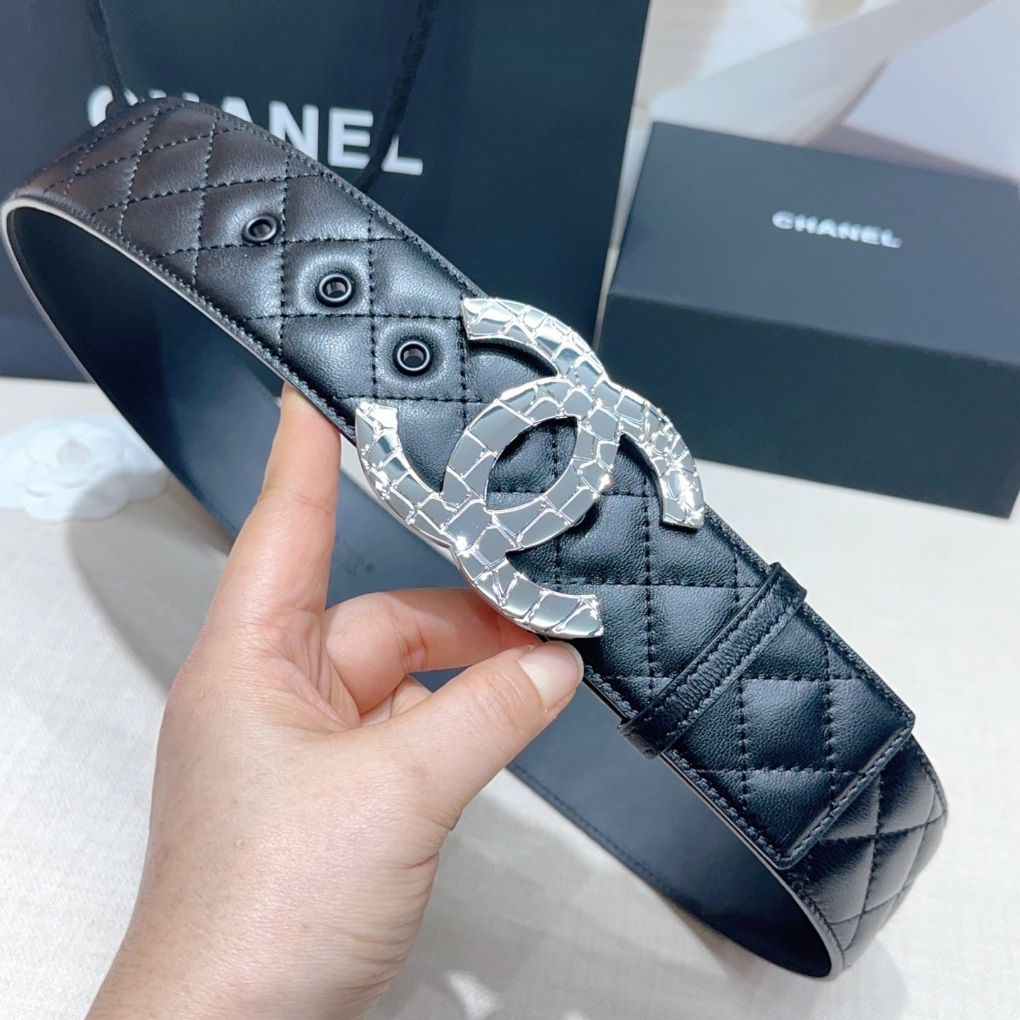 CC Belt 5.0 Sliver-Tone Buckle Black Quited Cowhide 200096