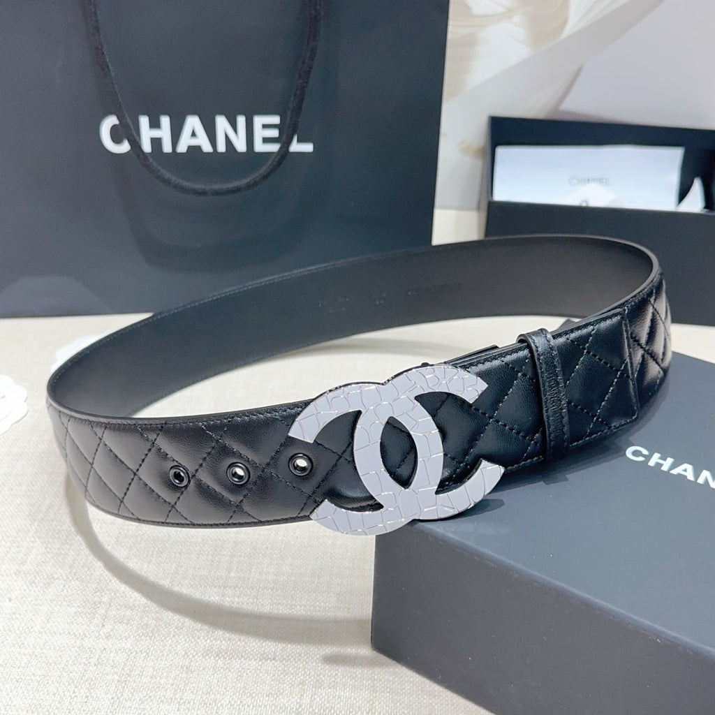 CC Belt 5.0 Sliver-Tone Buckle Black Quited Cowhide 200096