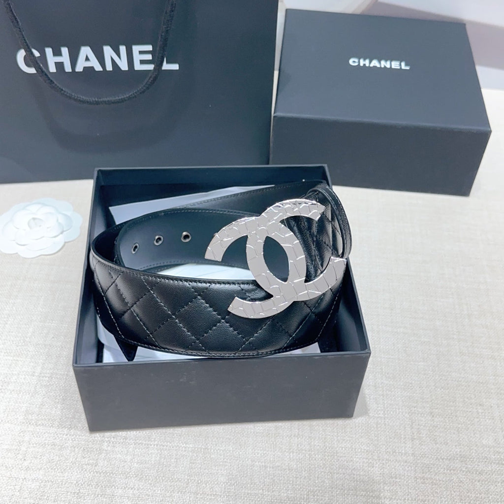 CC Belt 5.0 Sliver-Tone Buckle Black Quited Cowhide 200096