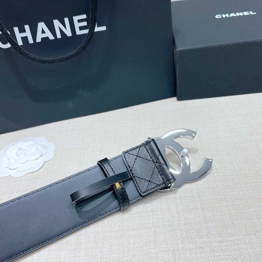 CC Belt 5.0 Sliver-Tone Buckle Black Quited Cowhide 200096