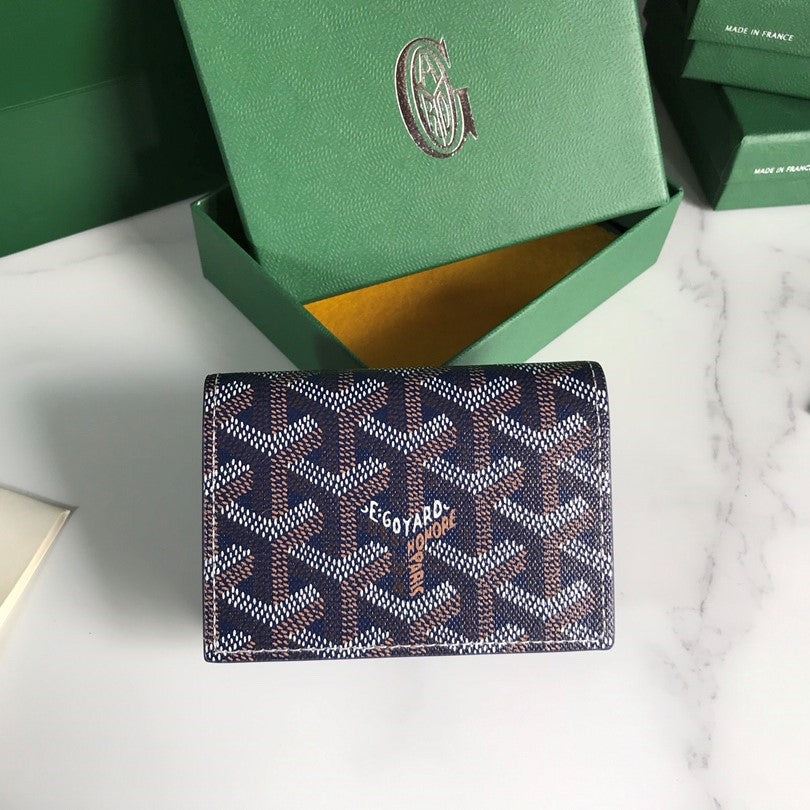 Goyard Malesherbes Card Wallet 10cm Navy Blue Canvas & Calfskin