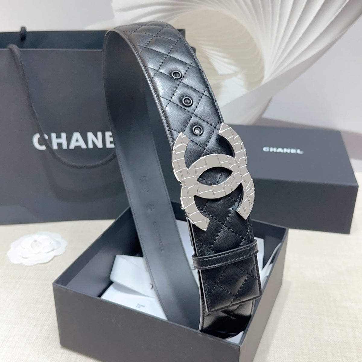 CC Belt 5.0 Sliver-Tone Buckle Black Quited Cowhide 200096
