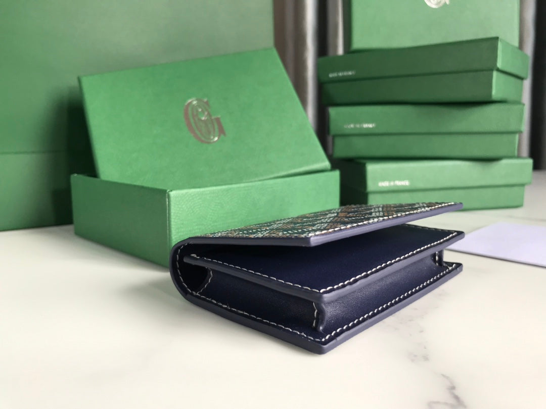 Goyard Malesherbes Card Wallet 10cm Navy Blue Canvas & Calfskin