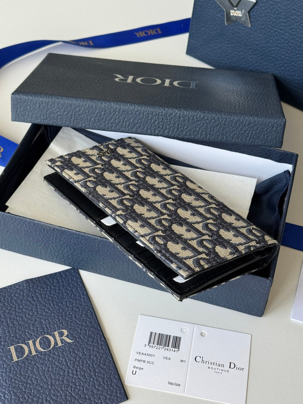 CD Long Vertical Wallet Beige Black Jacquard Cowhide