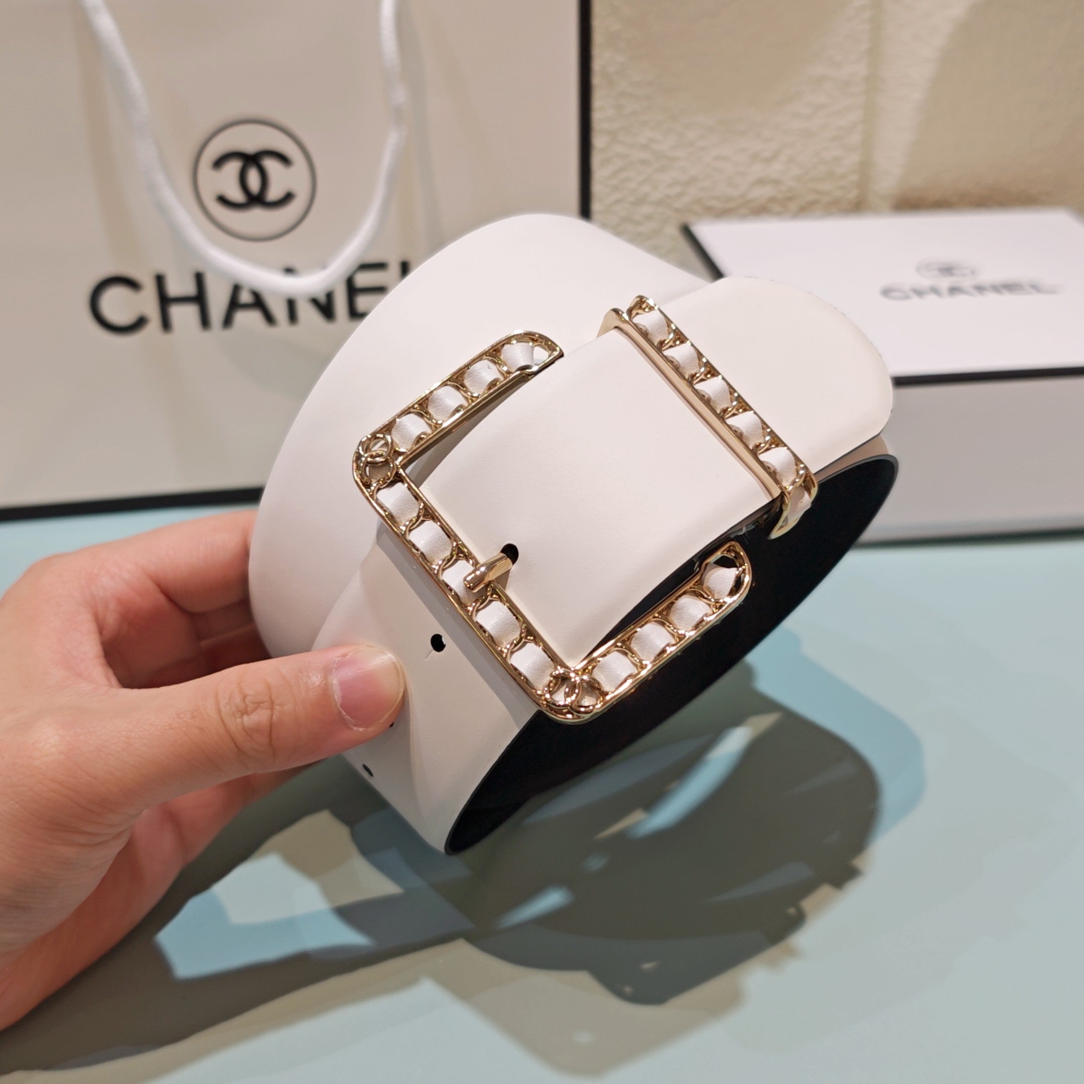 CC Belt 5.0 Prong Buckle White Leather 200090