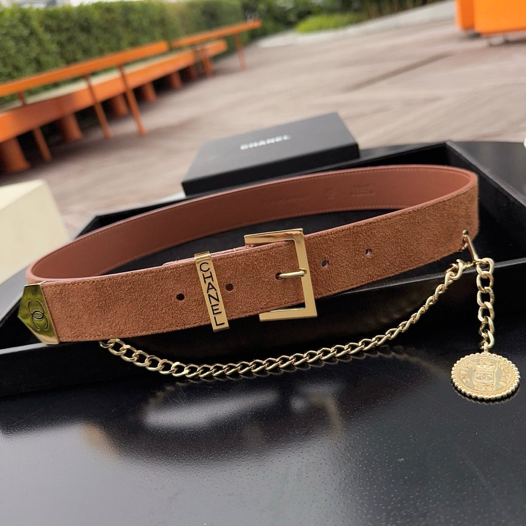 CC Logo Belt 3.5 With Cambon Medallion Light Brown Suede 200013