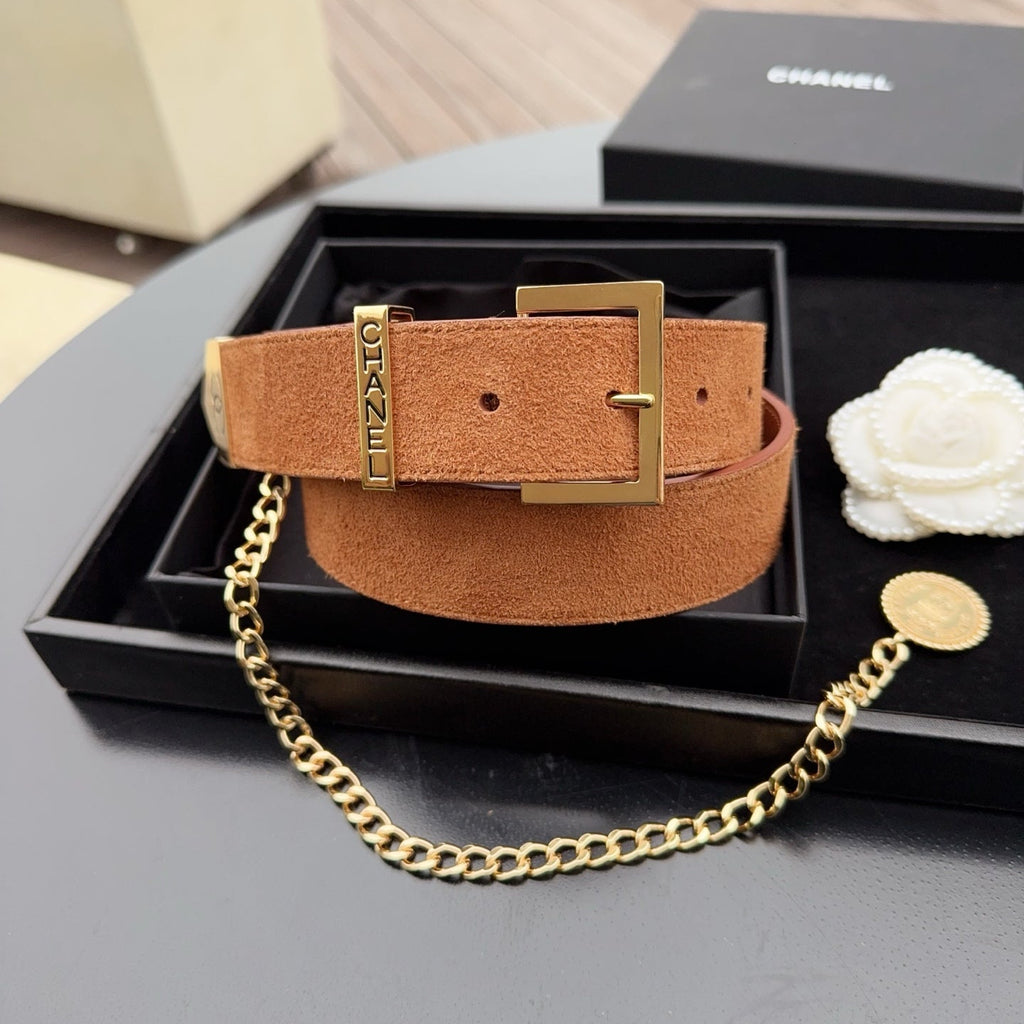 CC Logo Belt 3.5 With Cambon Medallion Light Brown Suede 200013