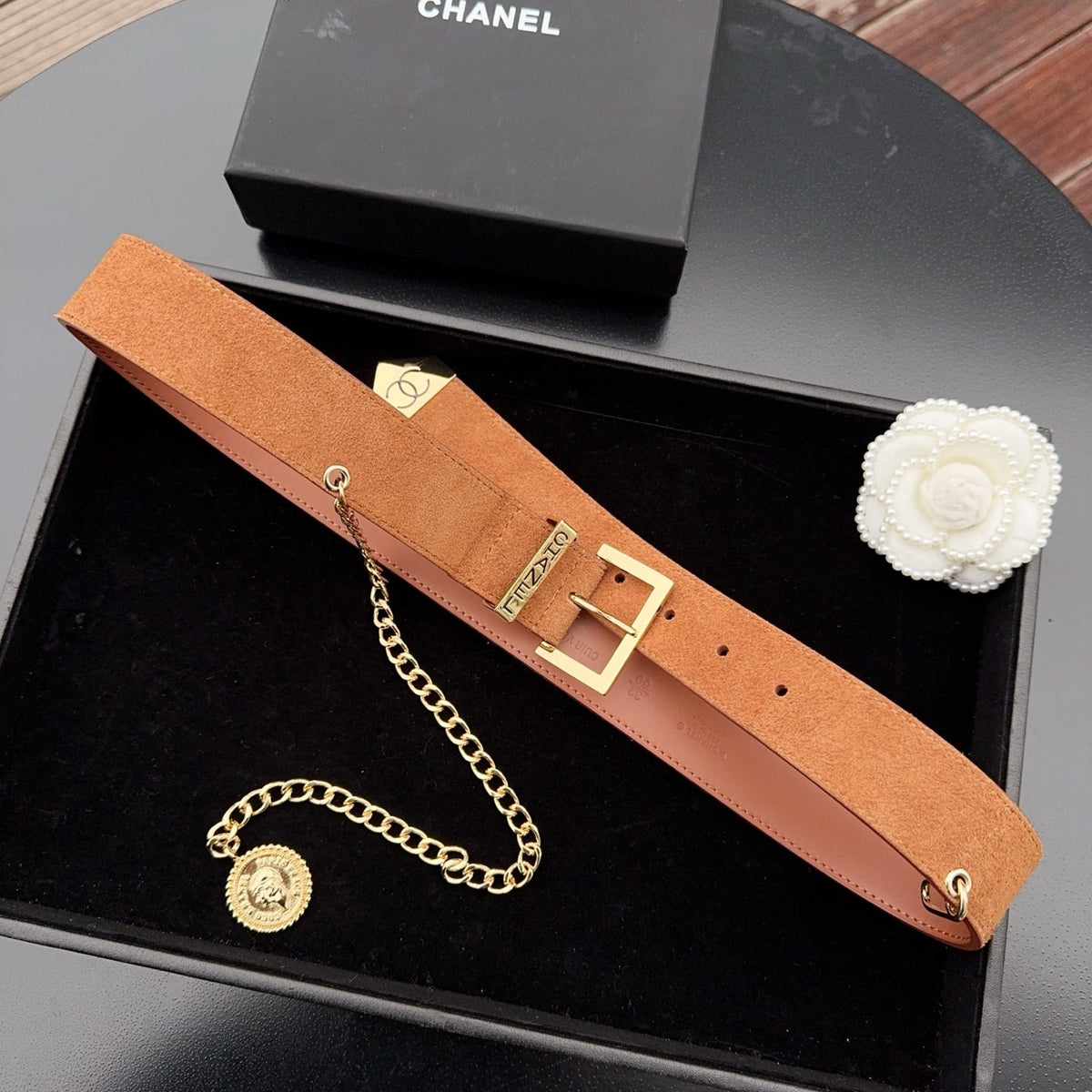 CC Logo Belt 3.5 With Cambon Medallion Light Brown Suede 200013