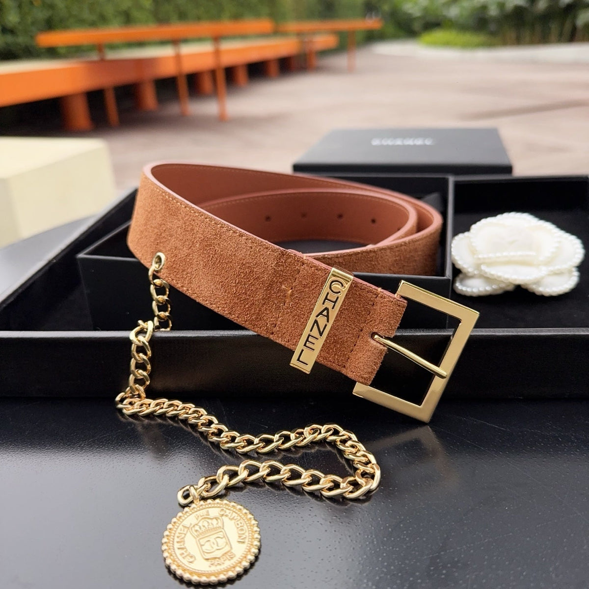 CC Logo Belt 3.5 With Cambon Medallion Light Brown Suede 200013