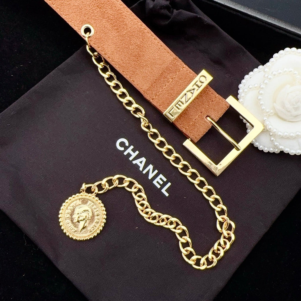 CC Logo Belt 3.5 With Cambon Medallion Light Brown Suede 200013