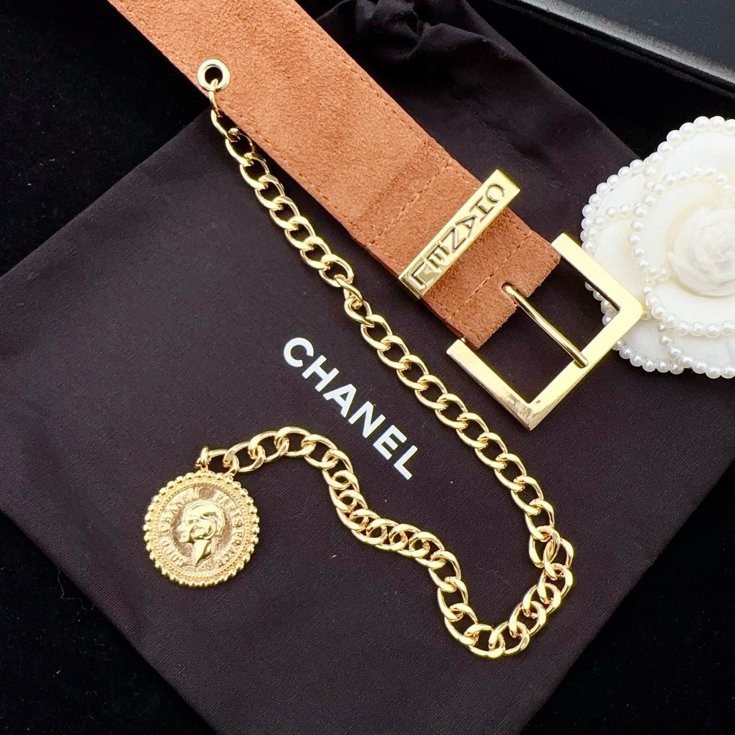 CC Logo Belt 3.5 With Cambon Medallion Light Brown Suede 200013