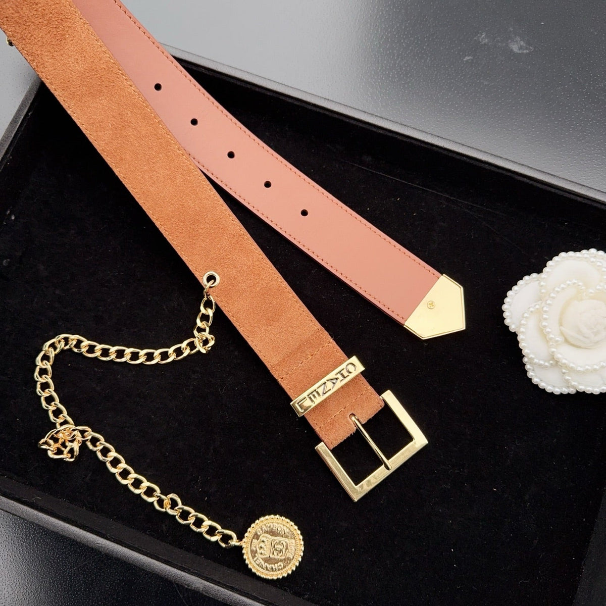 CC Logo Belt 3.5 With Cambon Medallion Light Brown Suede 200013