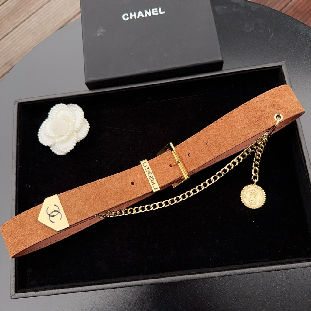 CC Logo Belt 3.5 With Cambon Medallion Light Brown Suede 200013