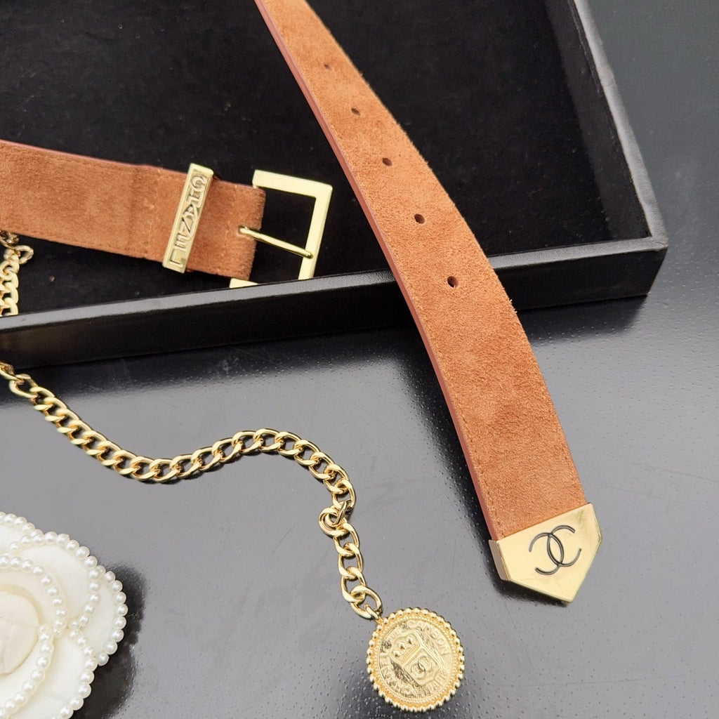 CC Logo Belt 3.5 With Cambon Medallion Light Brown Suede 200013