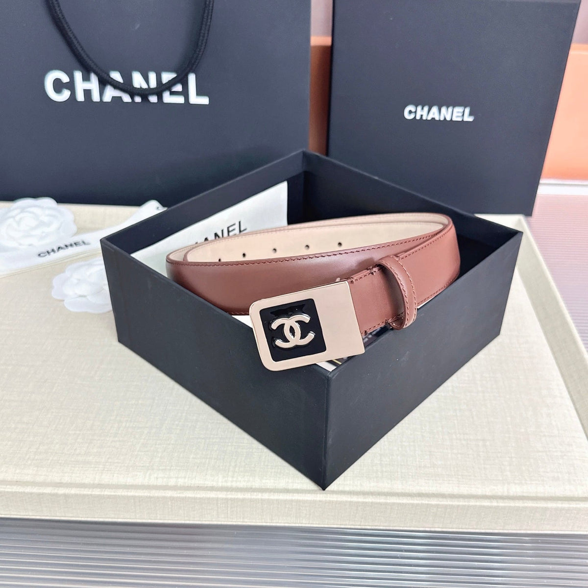 CC 3.0cm Belt Brown Lambskin 209359