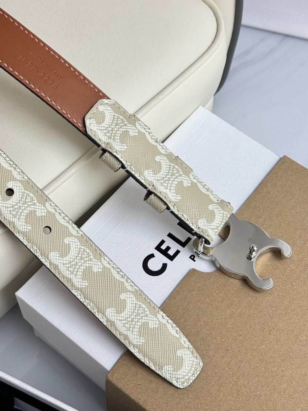 CEL Silver 25mm Triomphe Belt White Beige Canvas 180419