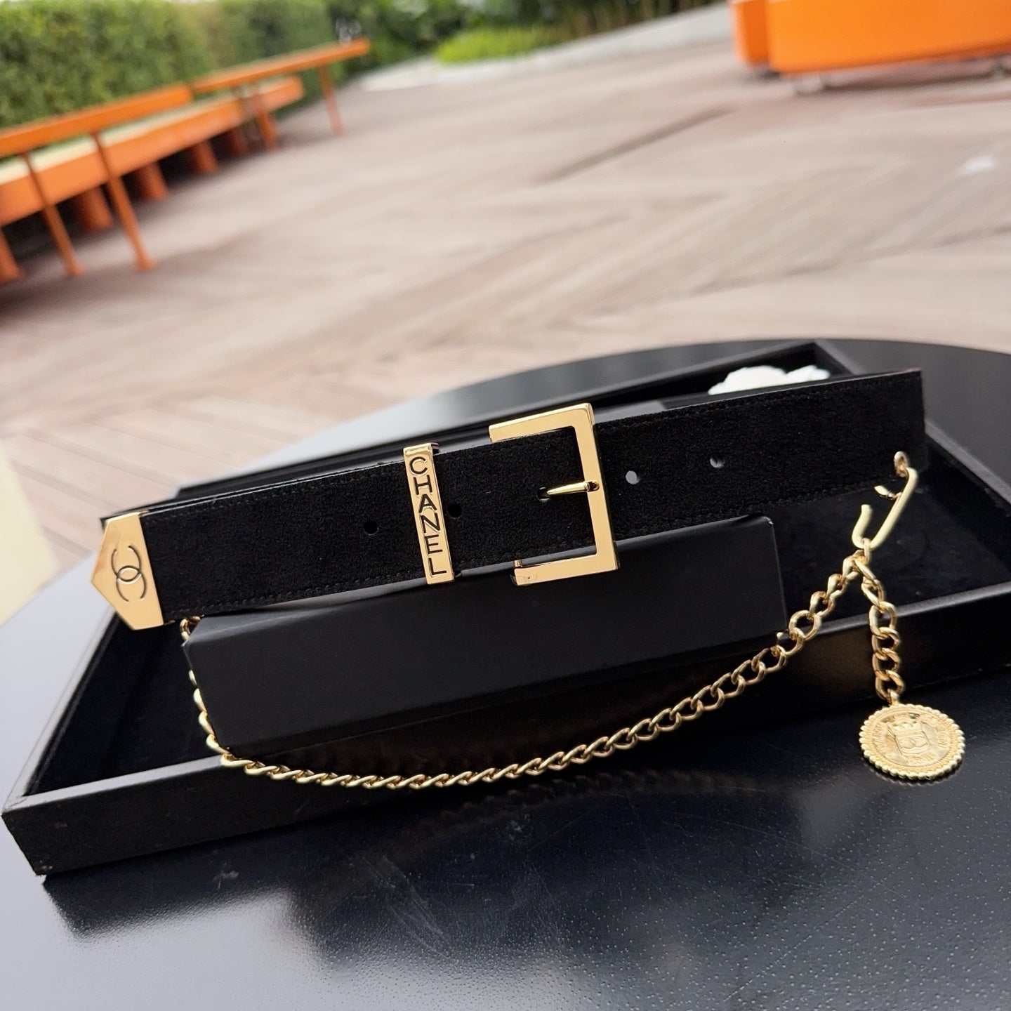 CC Logo Belt 3.5 With Cambon Medallion Black Suede 200012