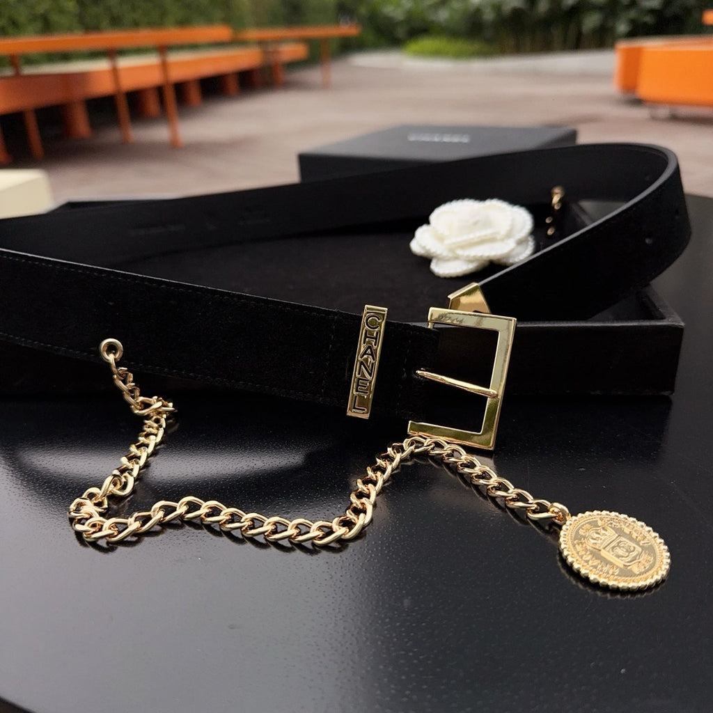 CC Logo Belt 3.5 With Cambon Medallion Black Suede 200012