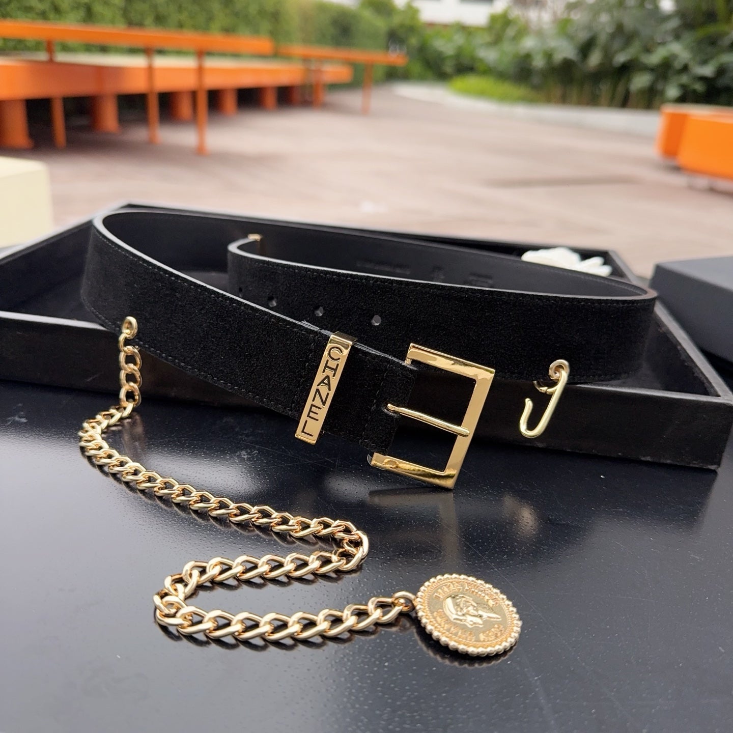CC Logo Belt 3.5 With Cambon Medallion Black Suede 200012