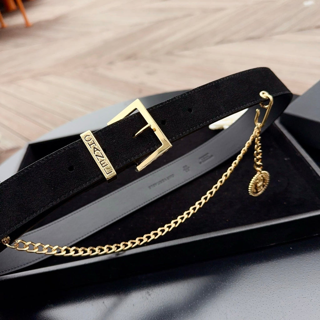 CC Logo Belt 3.5 With Cambon Medallion Black Suede 200012