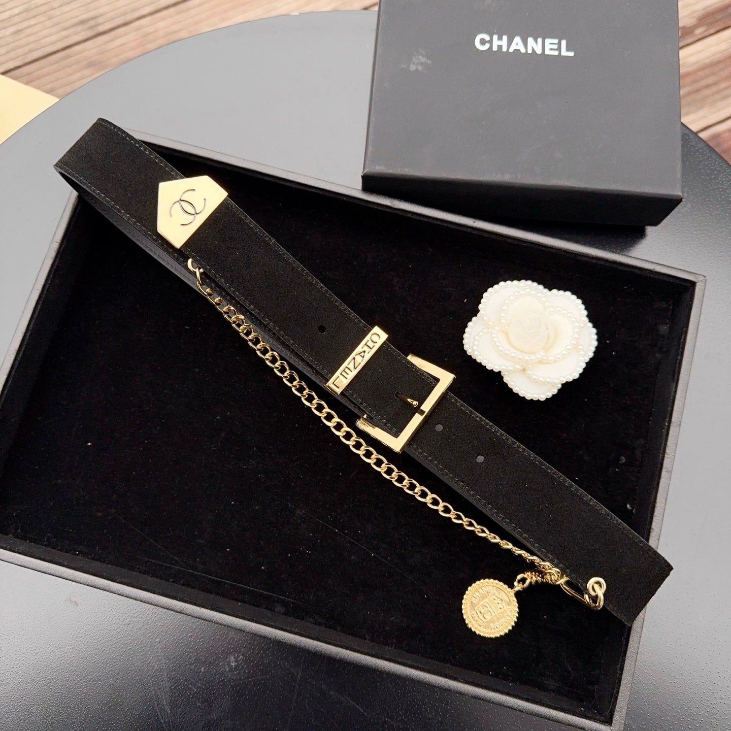 CC Logo Belt 3.5 With Cambon Medallion Black Suede 200012