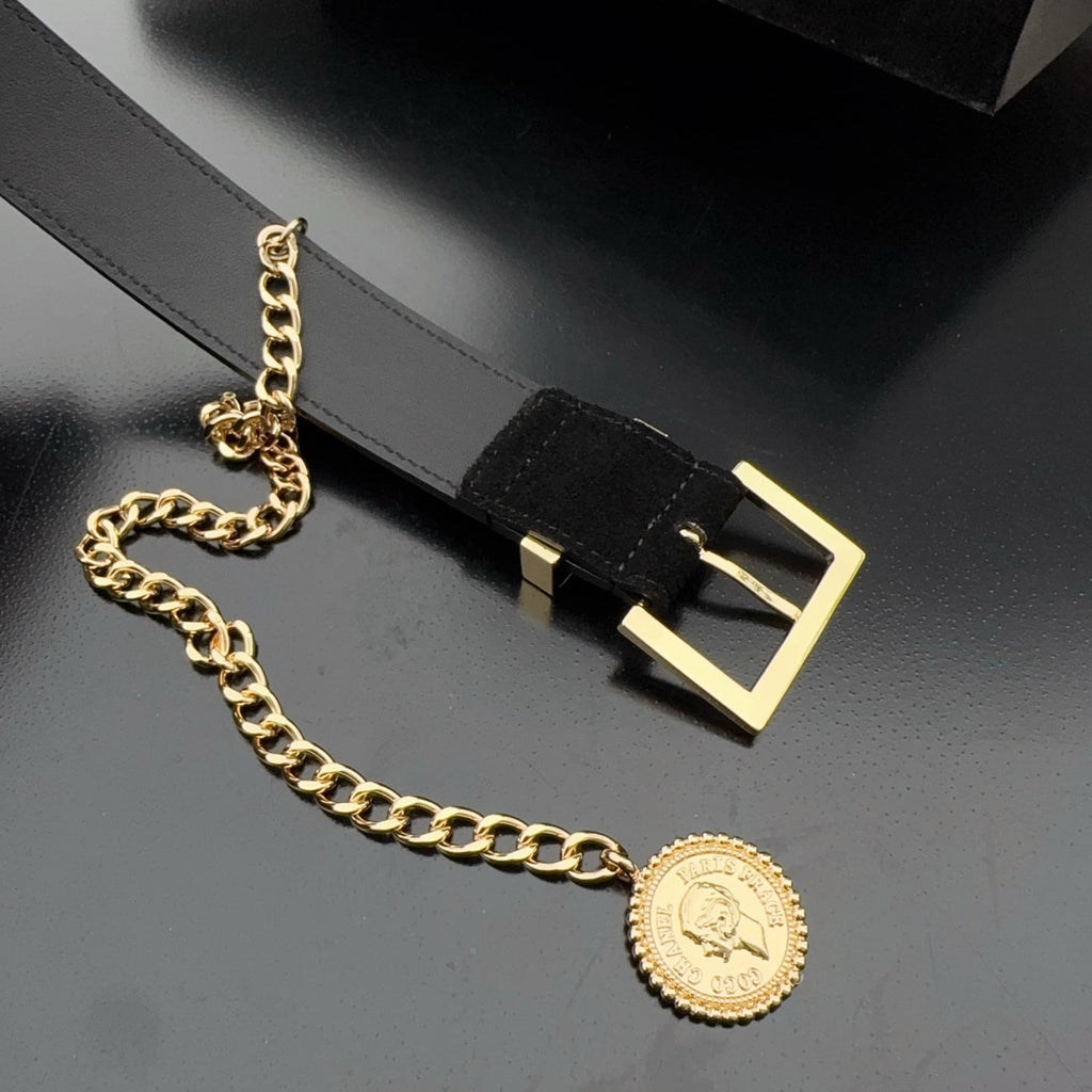 CC Logo Belt 3.5 With Cambon Medallion Black Suede 200012