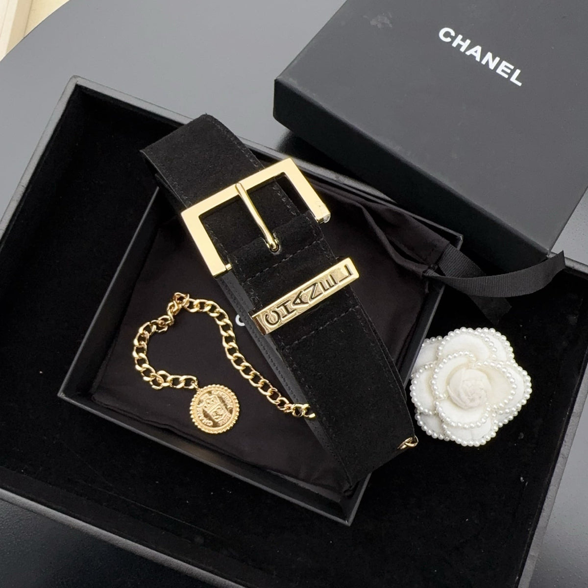 CC Logo Belt 3.5 With Cambon Medallion Black Suede 200012