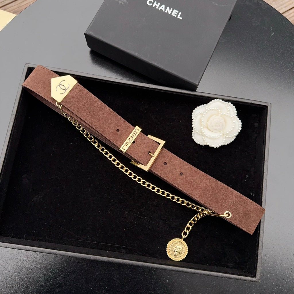 CC Logo Belt 3.5 With Cambon Medallion Chocolate Suede 200011