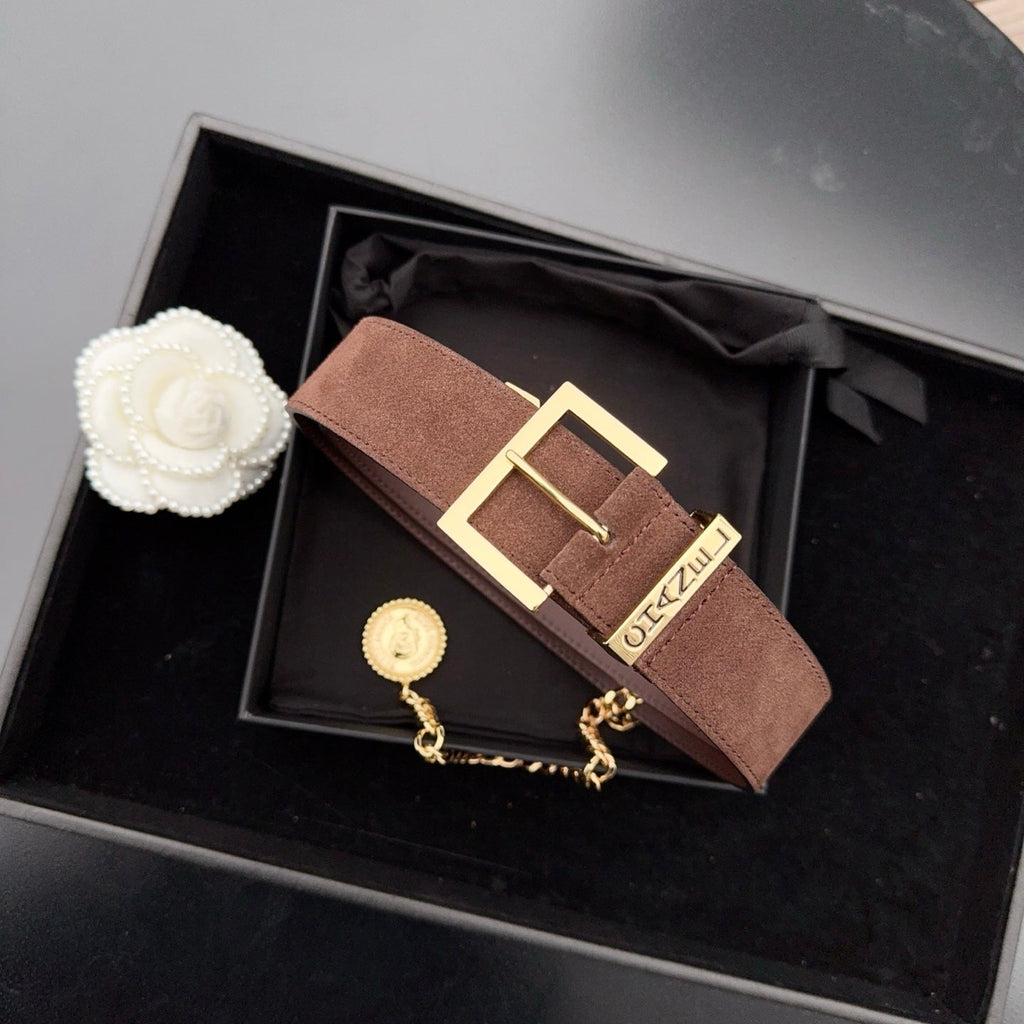 CC Logo Belt 3.5 With Cambon Medallion Chocolate Suede 200011