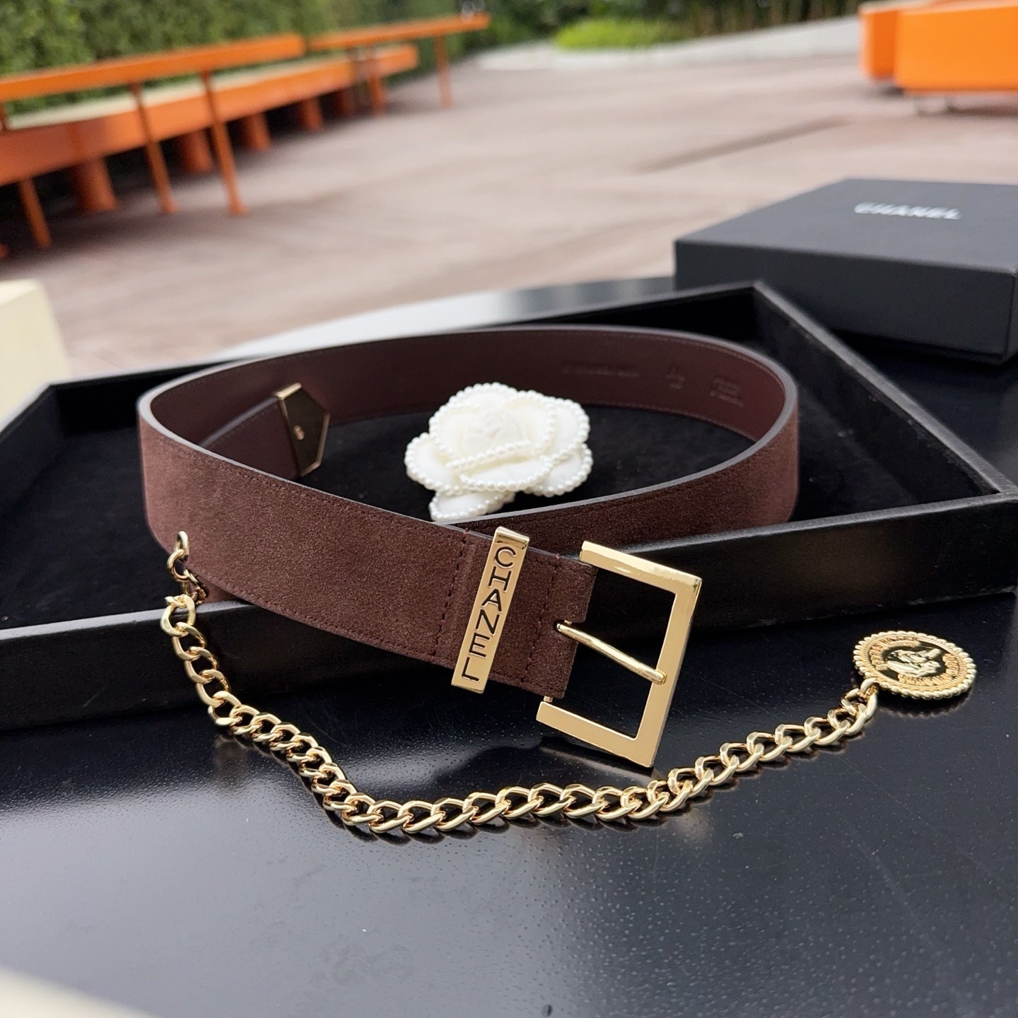 CC Logo Belt 3.5 With Cambon Medallion Chocolate Suede 200011