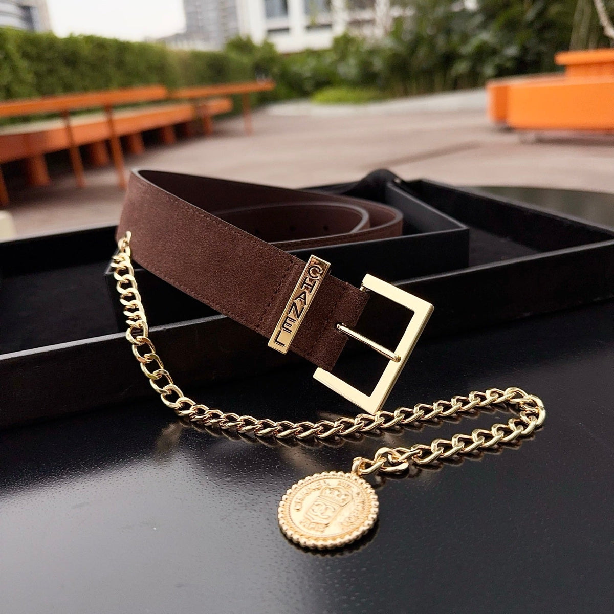 CC Logo Belt 3.5 With Cambon Medallion Chocolate Suede 200011