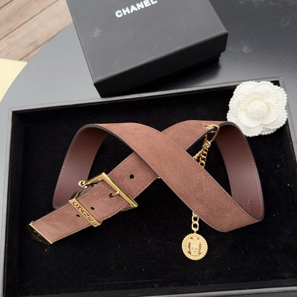 CC Logo Belt 3.5 With Cambon Medallion Chocolate Suede 200011