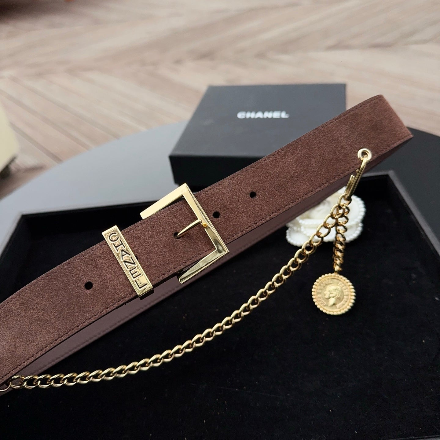 CC Logo Belt 3.5 With Cambon Medallion Chocolate Suede 200011
