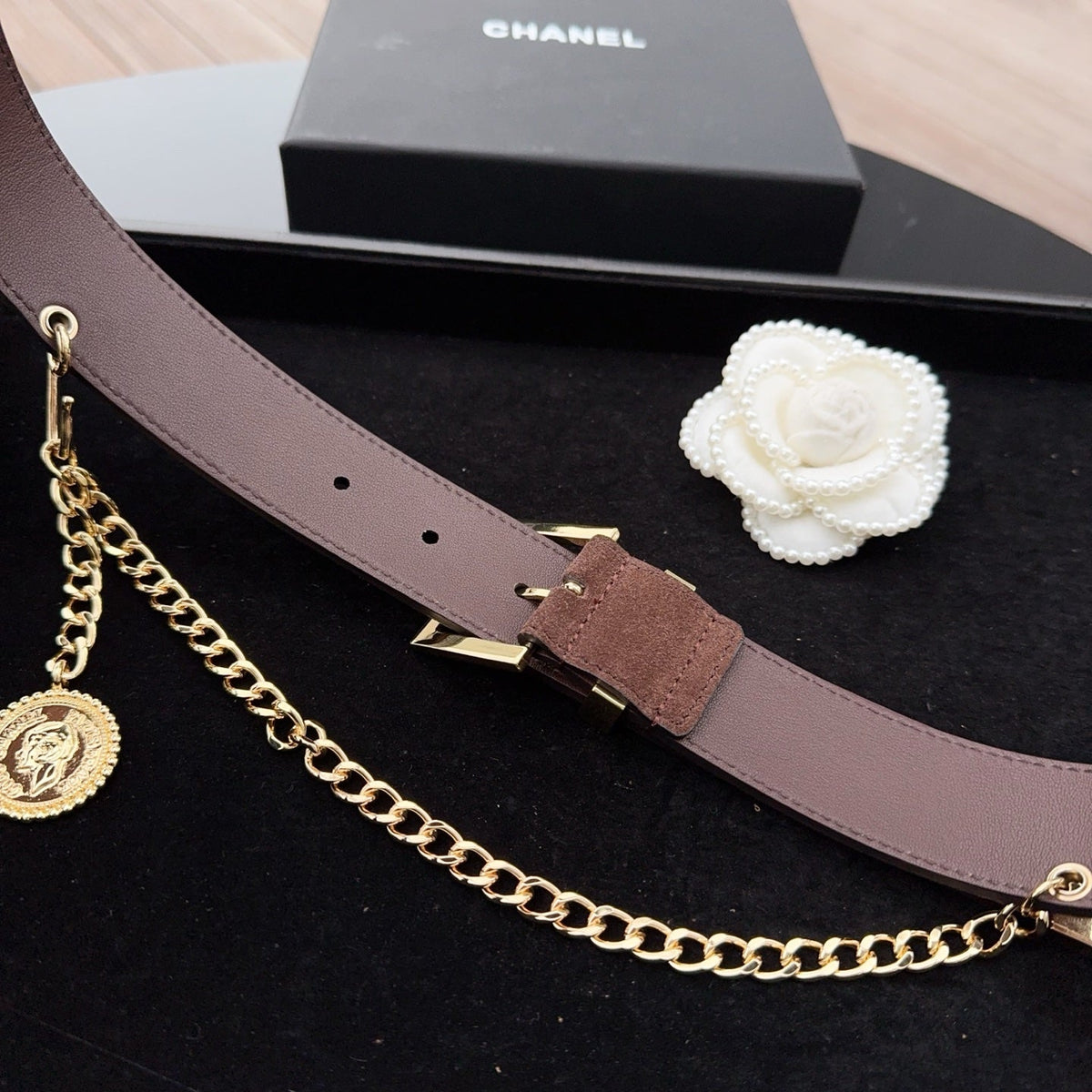 CC Logo Belt 3.5 With Cambon Medallion Chocolate Suede 200011