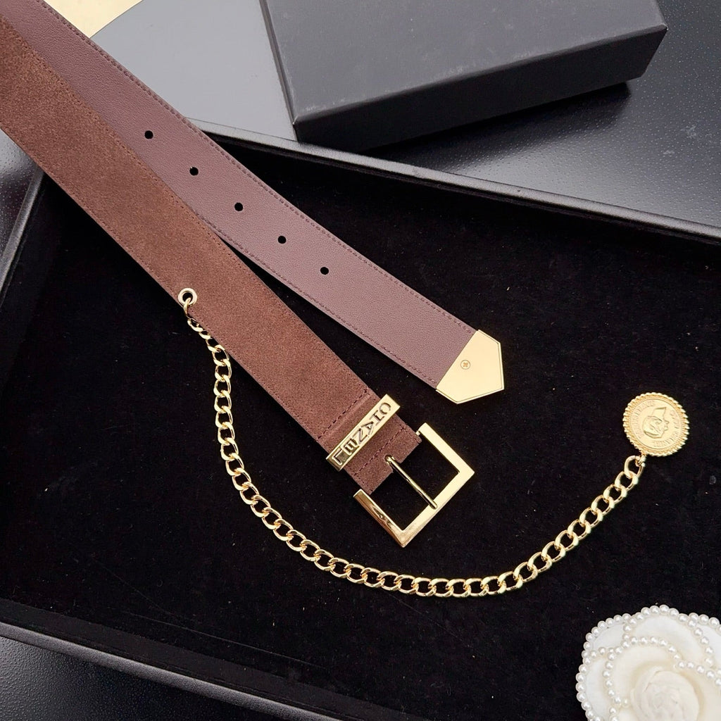 CC Logo Belt 3.5 With Cambon Medallion Chocolate Suede 200011