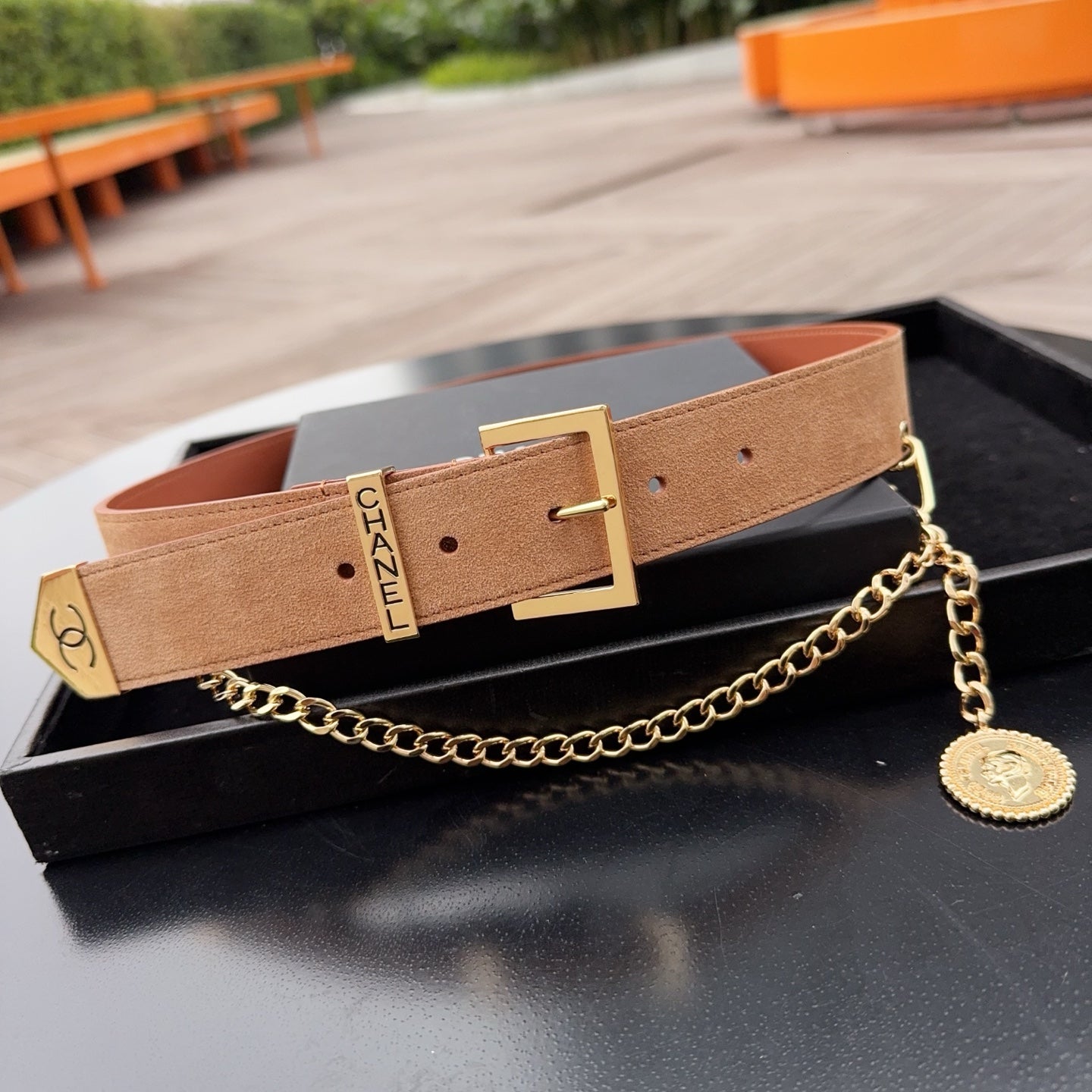 CC Logo Belt 3.5 With Cambon Medallion Tan Suede 200010
