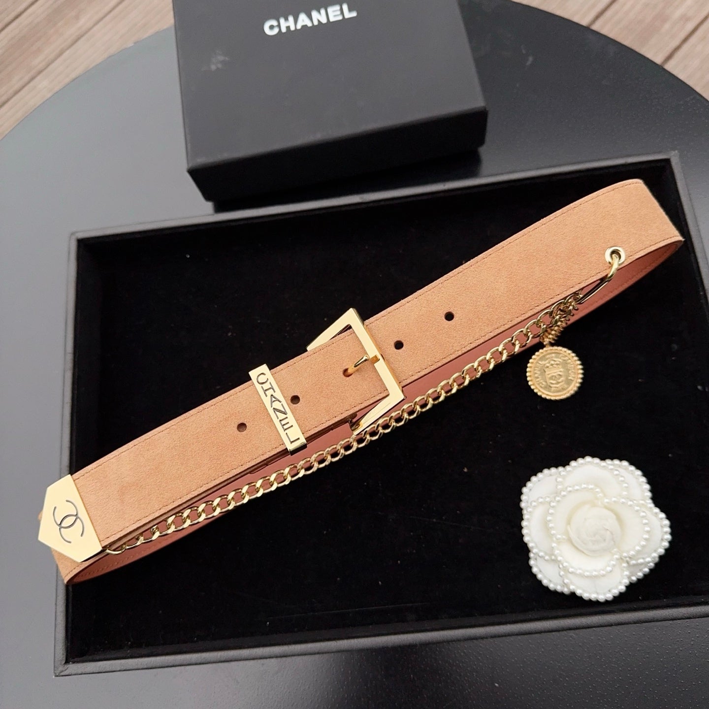 CC Logo Belt 3.5 With Cambon Medallion Tan Suede 200010