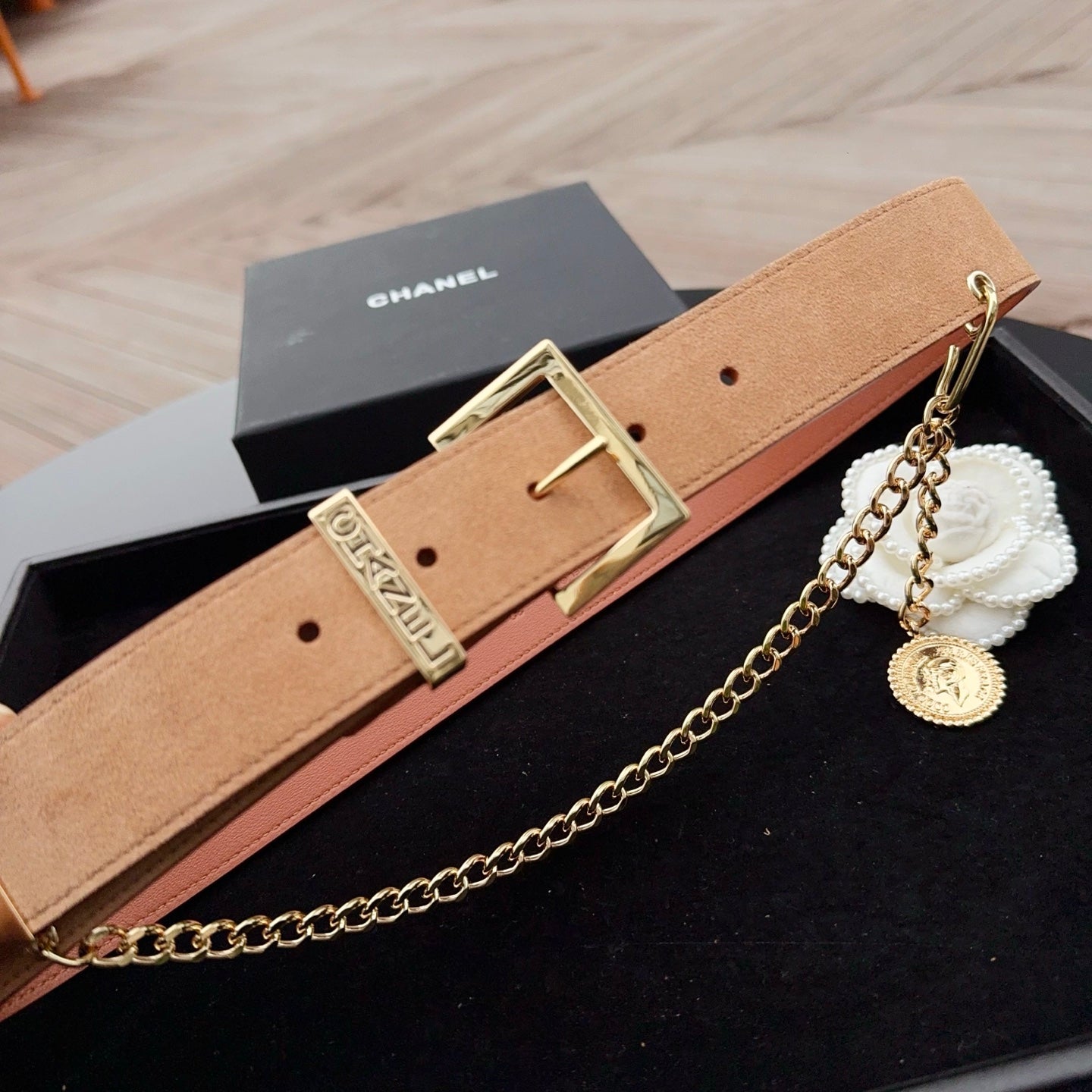 CC Logo Belt 3.5 With Cambon Medallion Tan Suede 200010