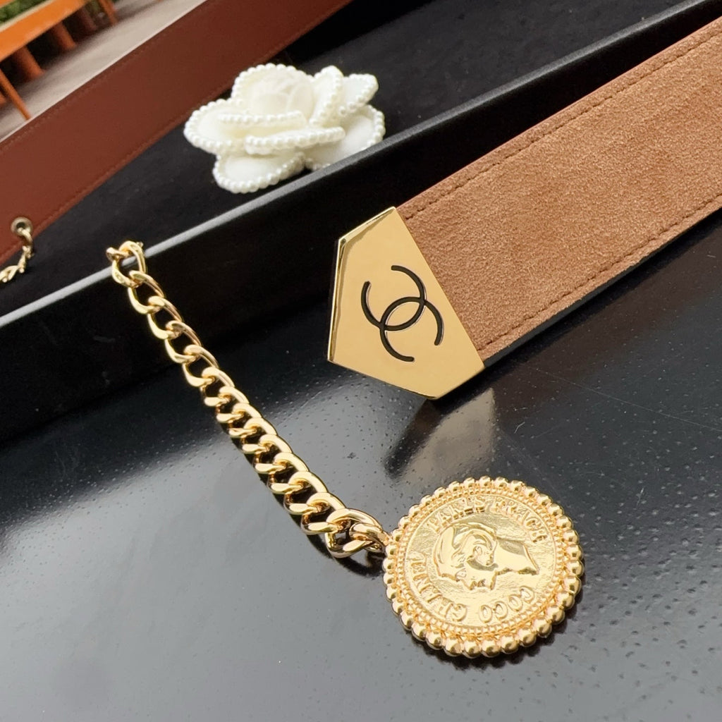 CC Logo Belt 3.5 With Cambon Medallion Tan Suede 200010